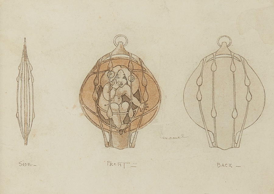 FRANCES MACDONALD MACNAIR (1873-1921) | DESIGN FOR JEWELLERY, CIRCA 1900 pencil and watercolour on paper, bearing inscriptions in pencil | Provenance: The Fine Arts Society, London | 10.5cm x 14cm | £3,000 - £5,000 + fees